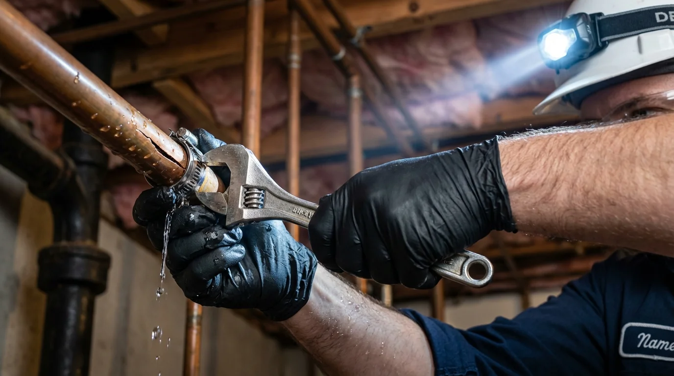Emergency pipe clamp repair being performed by a Johns Plumbing LLC plumber in Fillmore