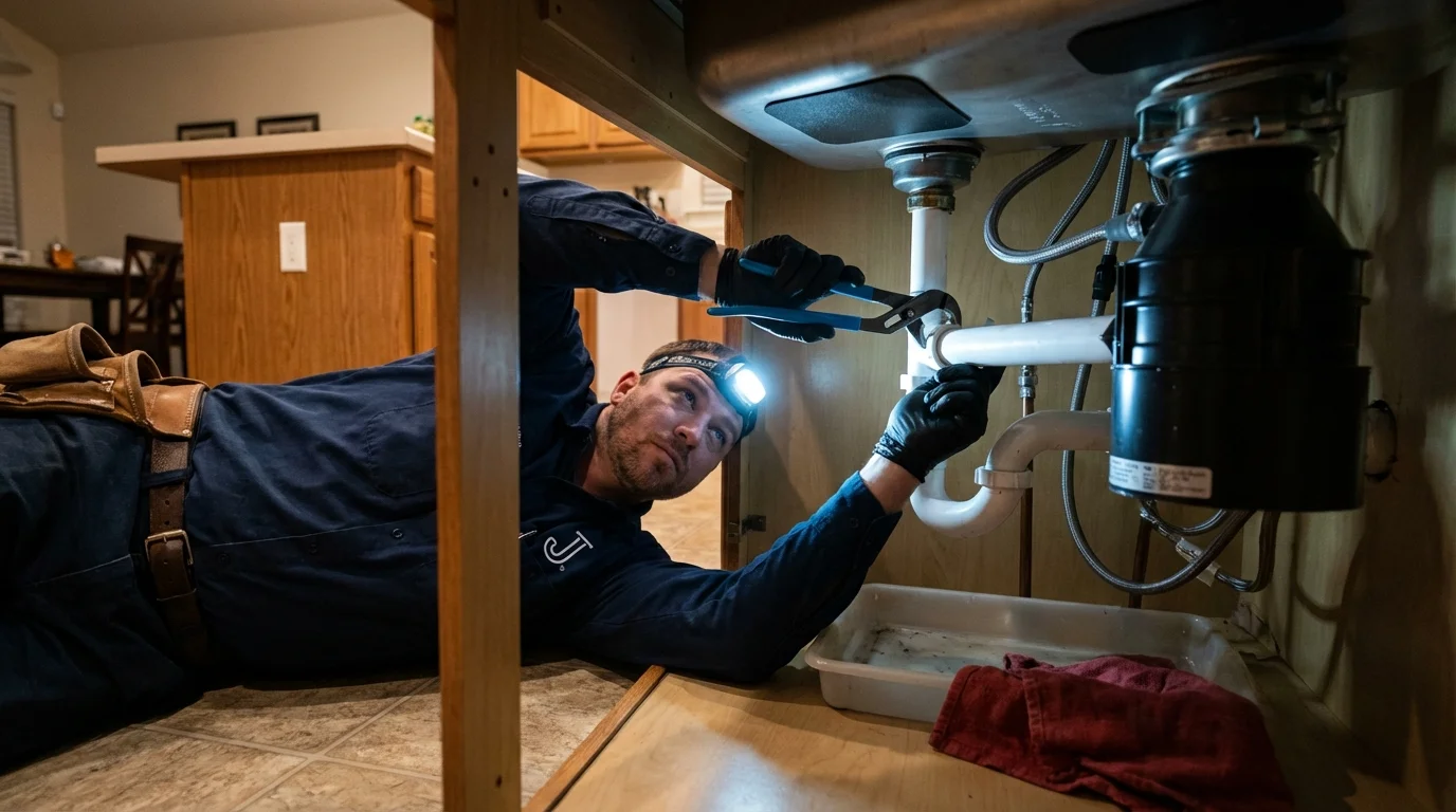 P-trap and supply line connections under a kitchen sink showing a common leak point in Fillmore, UT